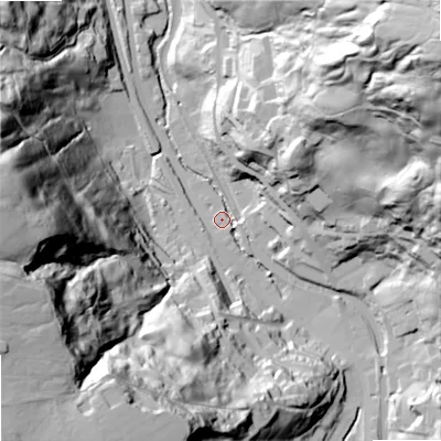 Shaded relief map of the ground around OL146RS, computed from Environment Agency LiDAR. The ground here sits at about 153 m above sea level and falls 114 m across the surrounding 800 m. Surface water reaching this point runs off ground lying to the north-east, 107.3 m higher.