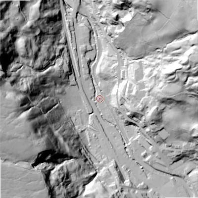 Shaded relief map of the ground around OL146RW, computed from Environment Agency LiDAR. The ground here sits at about 151 m above sea level and falls 115 m across the surrounding 800 m. Surface water reaching this point runs off ground lying to the west-south-west, 109.5 m higher.