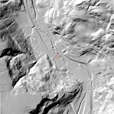 Shaded relief map of the ground around OL146SA, computed from Environment Agency LiDAR. The ground here sits at about 153 m above sea level and falls 117 m across the surrounding 800 m. Surface water reaching this point runs off ground lying to the north-east, 112.9 m higher.