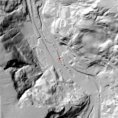 Shaded relief map of the ground around OL146SB, computed from Environment Agency LiDAR. The ground here sits at about 153 m above sea level and falls 118 m across the surrounding 800 m. Surface water reaching this point runs off ground lying to the north-east, 110.7 m higher.