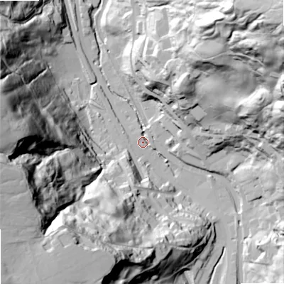 Shaded relief map of the ground around OL146SD, computed from Environment Agency LiDAR. The ground here sits at about 154 m above sea level and falls 116 m across the surrounding 800 m. Surface water reaching this point runs off ground lying to the north-east, 111.2 m higher.