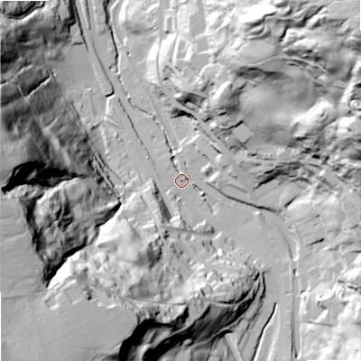 Shaded relief map of the ground around OL146SE, computed from Environment Agency LiDAR. The ground here sits at about 153 m above sea level and falls 117 m across the surrounding 800 m. Surface water reaching this point runs off ground lying to the north-east, 113.9 m higher.