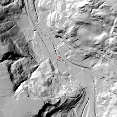 Shaded relief map of the ground around OL146SF, computed from Environment Agency LiDAR. The ground here sits at about 153 m above sea level and falls 118 m across the surrounding 800 m. Surface water reaching this point runs off ground lying to the north-east, 114.3 m higher.