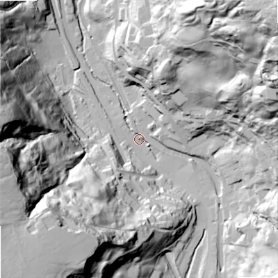Shaded relief map of the ground around OL146SG, computed from Environment Agency LiDAR. The ground here sits at about 153 m above sea level and falls 121 m across the surrounding 800 m. Surface water reaching this point runs off ground lying to the north-east, 116.9 m higher.
