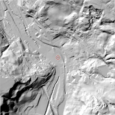 Shaded relief map of the ground around OL146SJ, computed from Environment Agency LiDAR. The ground here sits at about 156 m above sea level and falls 133 m across the surrounding 800 m. Surface water reaching this point runs off ground lying to the south-east, 2.1 m higher.