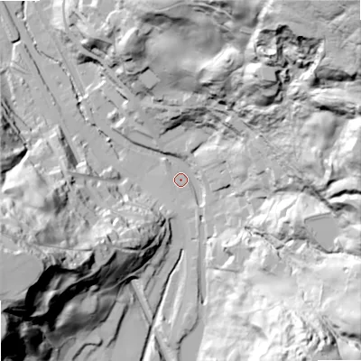 Shaded relief map of the ground around OL146SL, computed from Environment Agency LiDAR. The ground here sits at about 156 m above sea level and falls 137 m across the surrounding 800 m. Surface water reaching this point runs off ground lying to the east-north-east, 95.9 m higher.