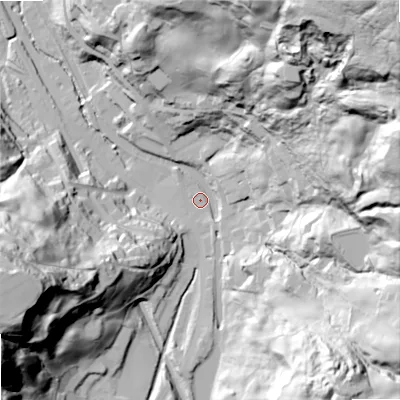 Shaded relief map of the ground around OL146SN, computed from Environment Agency LiDAR. The ground here sits at about 156 m above sea level and falls 137 m across the surrounding 800 m. Surface water reaching this point runs off ground lying to the east-north-east, 101.0 m higher.