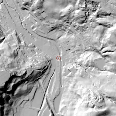 Shaded relief map of the ground around OL146SQ, computed from Environment Agency LiDAR. The ground here sits at about 157 m above sea level and falls 132 m across the surrounding 800 m. Surface water reaching this point runs off ground lying to the east, 81.4 m higher.