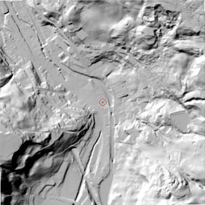 Shaded relief map of the ground around OL146SW, computed from Environment Agency LiDAR. The ground here sits at about 156 m above sea level and falls 132 m across the surrounding 800 m. Surface water reaching this point runs off ground lying to the east-north-east, 100.2 m higher.