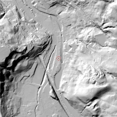Shaded relief map of the ground around OL146SX, computed from Environment Agency LiDAR. The ground here sits at about 160 m above sea level and falls 106 m across the surrounding 800 m. Surface water reaching this point runs off ground lying to the south-east, 76.0 m higher.