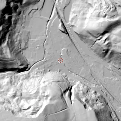 Shaded relief map of the ground around OL146TG, computed from Environment Agency LiDAR. The ground here sits at about 165 m above sea level and falls 123 m across the surrounding 800 m. Surface water reaching this point runs off ground lying to the south-south-west, 116.9 m higher.