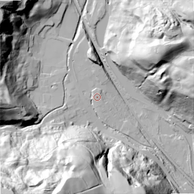 Shaded relief map of the ground around OL146TL, computed from Environment Agency LiDAR. The ground here sits at about 166 m above sea level and falls 118 m across the surrounding 800 m. Surface water reaching this point runs off ground lying to the south-south-west, 111.6 m higher.