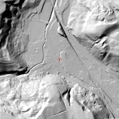 Shaded relief map of the ground around OL146TQ, computed from Environment Agency LiDAR. The ground here sits at about 164 m above sea level and falls 121 m across the surrounding 800 m. Surface water reaching this point runs off ground lying to the south-south-west, 114.3 m higher.
