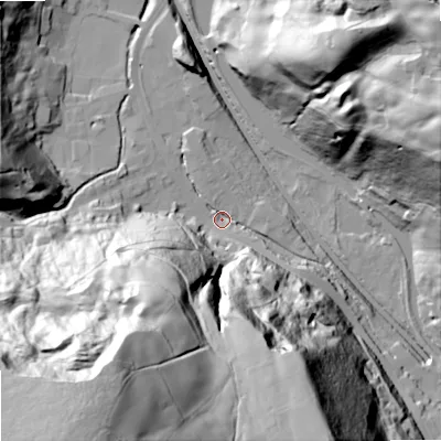 Shaded relief map of the ground around OL146TR, computed from Environment Agency LiDAR. The ground here sits at about 164 m above sea level and falls 128 m across the surrounding 800 m. Surface water reaching this point runs off ground lying to the south-west, 121.9 m higher.