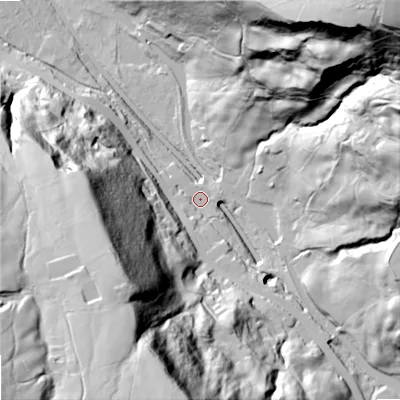 Shaded relief map of the ground around OL146TX, computed from Environment Agency LiDAR. The ground here sits at about 168 m above sea level and falls 127 m across the surrounding 800 m. Surface water reaching this point runs off ground lying to the south, 106.7 m higher.