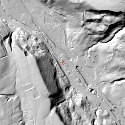 Shaded relief map of the ground around OL146UF, computed from Environment Agency LiDAR. The ground here sits at about 168 m above sea level and falls 131 m across the surrounding 800 m. Surface water reaching this point runs off ground lying to the south-south-west, 105.0 m higher.