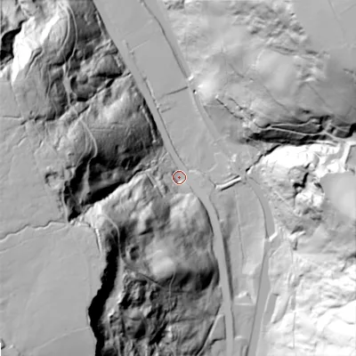 Shaded relief map of the ground around OL146UH, computed from Environment Agency LiDAR. The ground here sits at about 178 m above sea level and falls 132 m across the surrounding 800 m. Surface water reaching this point runs off ground lying to the south-west, 120.0 m higher.
