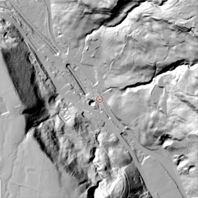 Shaded relief map of the ground around OL146UQ, computed from Environment Agency LiDAR. The ground here sits at about 172 m above sea level and falls 120 m across the surrounding 800 m. Surface water reaching this point runs off ground lying to the east, 77.6 m higher.