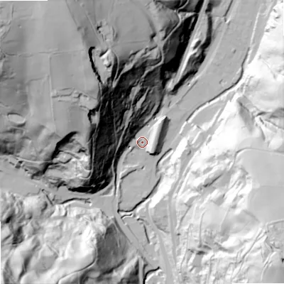 Shaded relief map of the ground around OL147AH, computed from Environment Agency LiDAR. The ground here sits at about 141 m above sea level and falls 133 m across the surrounding 800 m. Surface water reaching this point runs off ground lying to the north-west, 123.0 m higher.
