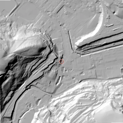 Shaded relief map of the ground around OL147BJ, computed from Environment Agency LiDAR. The ground here sits at about 128 m above sea level and falls 89 m across the surrounding 800 m. Surface water reaching this point runs off ground lying to the west, 83.6 m higher.