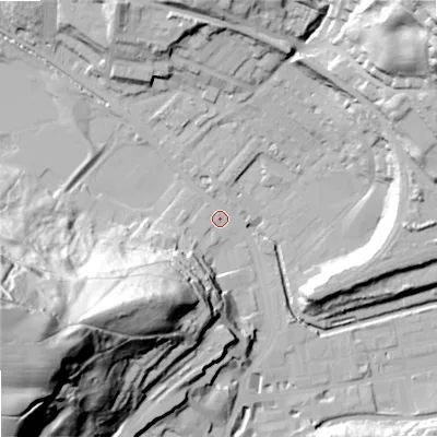 Shaded relief map of the ground around OL147BS, computed from Environment Agency LiDAR. The ground here sits at about 127 m above sea level and falls 94 m across the surrounding 800 m. Surface water reaching this point runs off ground lying to the west-south-west, 90.2 m higher.