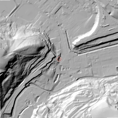 Shaded relief map of the ground around OL147BU, computed from Environment Agency LiDAR. The ground here sits at about 129 m above sea level and falls 89 m across the surrounding 800 m. Surface water reaching this point runs off ground lying to the west, 83.7 m higher.