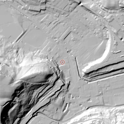 Shaded relief map of the ground around OL147BX, computed from Environment Agency LiDAR. The ground here sits at about 126 m above sea level and falls 93 m across the surrounding 800 m. Surface water reaching this point runs off ground lying to the west-south-west, 51.8 m higher.