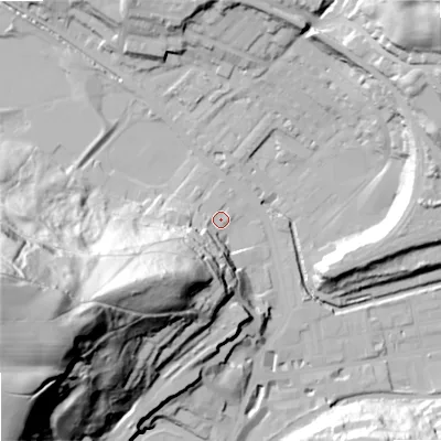 Shaded relief map of the ground around OL147BZ, computed from Environment Agency LiDAR. The ground here sits at about 127 m above sea level and falls 95 m across the surrounding 800 m. Surface water reaching this point runs off ground lying to the south-west, 41.7 m higher.