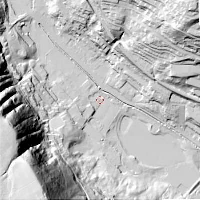 Shaded relief map of the ground around OL147DD, computed from Environment Agency LiDAR. The ground here sits at about 130 m above sea level and falls 144 m across the surrounding 800 m. Surface water reaching this point runs off ground lying to the south-west, 22.2 m higher.
