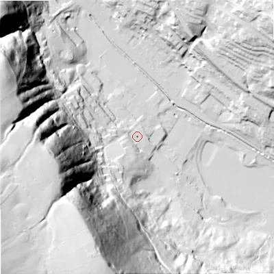 Shaded relief map of the ground around OL147DF, computed from Environment Agency LiDAR. The ground here sits at about 136 m above sea level and falls 159 m across the surrounding 800 m. Surface water reaching this point runs off ground lying to the south-west, 149.3 m higher.