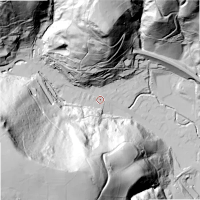 Shaded relief map of the ground around OL147DH, computed from Environment Agency LiDAR. The ground here sits at about 144 m above sea level and falls 173 m across the surrounding 800 m. Surface water reaching this point runs off ground lying to the south-west, 157.9 m higher.