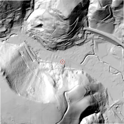Shaded relief map of the ground around OL147DL, computed from Environment Agency LiDAR. The ground here sits at about 144 m above sea level and falls 173 m across the surrounding 800 m. Surface water reaching this point runs off ground lying to the south-south-west, 34.5 m higher.