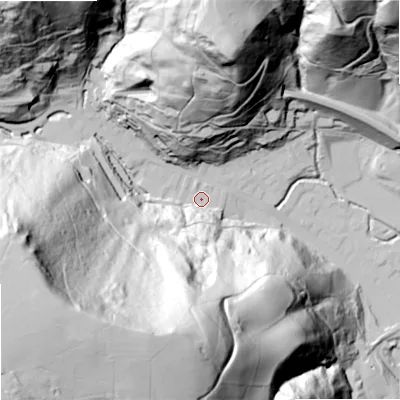 Shaded relief map of the ground around OL147DN, computed from Environment Agency LiDAR. The ground here sits at about 145 m above sea level and falls 173 m across the surrounding 800 m. Surface water reaching this point runs off ground lying to the south, 33.4 m higher.