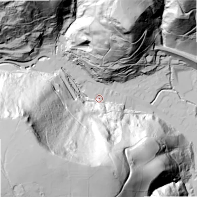Shaded relief map of the ground around OL147DP, computed from Environment Agency LiDAR. The ground here sits at about 145 m above sea level and falls 177 m across the surrounding 800 m. Surface water reaching this point runs off ground lying to the south-west, 169.3 m higher.