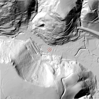 Shaded relief map of the ground around OL147DR, computed from Environment Agency LiDAR. The ground here sits at about 146 m above sea level and falls 176 m across the surrounding 800 m. Surface water reaching this point runs off ground lying to the south-west, 168.7 m higher.