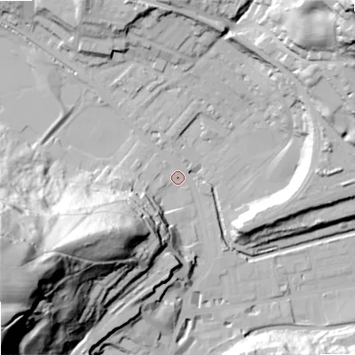 Shaded relief map of the ground around OL147DT, computed from Environment Agency LiDAR. The ground here sits at about 126 m above sea level and falls 92 m across the surrounding 800 m. Surface water reaching this point runs off ground lying to the west-south-west, 87.8 m higher.