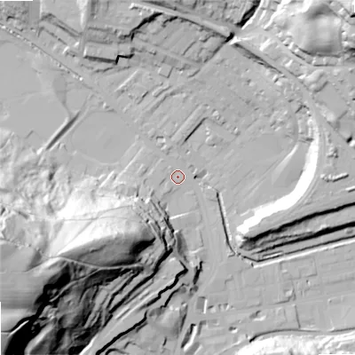 Shaded relief map of the ground around OL147DU, computed from Environment Agency LiDAR. The ground here sits at about 126 m above sea level and falls 93 m across the surrounding 800 m. Surface water reaching this point runs off ground lying to the west-south-west, 88.8 m higher.
