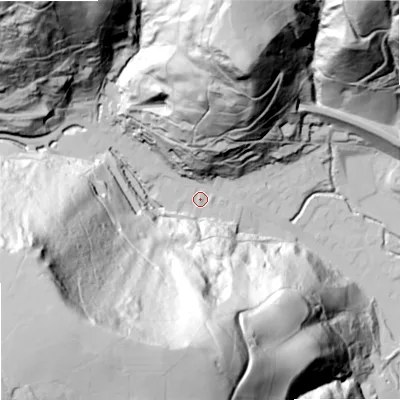 Shaded relief map of the ground around OL147DW, computed from Environment Agency LiDAR. The ground here sits at about 145 m above sea level and falls 174 m across the surrounding 800 m. Surface water reaching this point runs off ground lying to the south-west, 163.8 m higher.