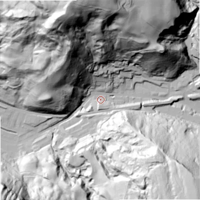 Shaded relief map of the ground around OL147EF, computed from Environment Agency LiDAR. The ground here sits at about 195 m above sea level and falls 140 m across the surrounding 800 m. Surface water reaching this point runs off ground lying to the north-north-west, 131.8 m higher.