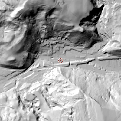 Shaded relief map of the ground around OL147EG, computed from Environment Agency LiDAR. The ground here sits at about 191 m above sea level and falls 142 m across the surrounding 800 m. Surface water reaching this point runs off ground lying to the south-south-east, 122.8 m higher.