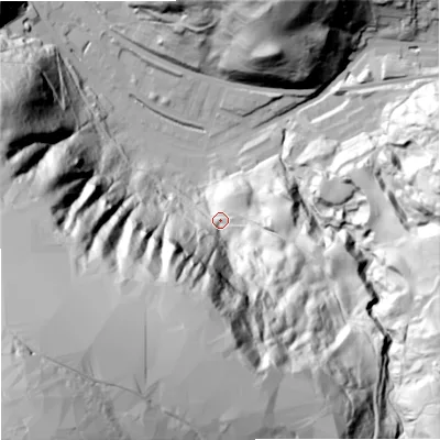 Shaded relief map of the ground around OL147ER, computed from Environment Agency LiDAR. The ground here sits at about 223 m above sea level and falls 218 m across the surrounding 800 m. Surface water reaching this point runs off ground lying to the south-west, 193.3 m higher.