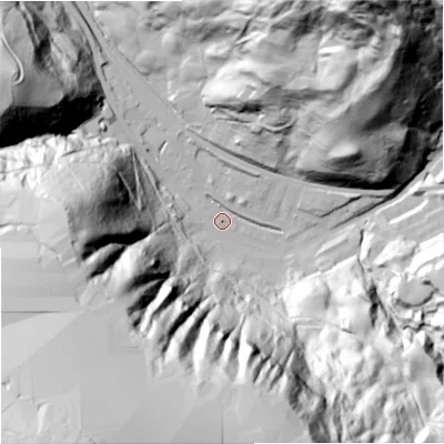 Shaded relief map of the ground around OL147ET, computed from Environment Agency LiDAR. The ground here sits at about 201 m above sea level and falls 196 m across the surrounding 800 m. Surface water reaching this point runs off ground lying to the south-west, 187.8 m higher.