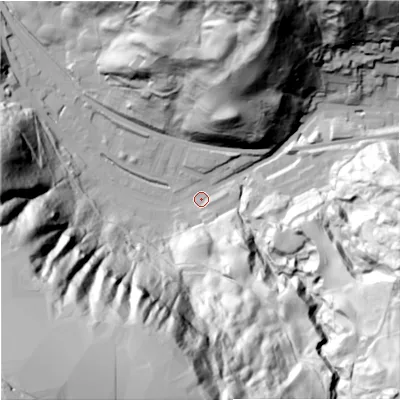 Shaded relief map of the ground around OL147EW, computed from Environment Agency LiDAR. The ground here sits at about 200 m above sea level and falls 203 m across the surrounding 800 m. Surface water reaching this point runs off ground lying to the south-west, 195.2 m higher.