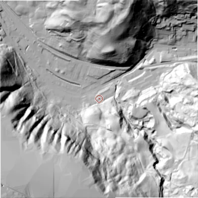 Shaded relief map of the ground around OL147EX, computed from Environment Agency LiDAR. The ground here sits at about 203 m above sea level and falls 207 m across the surrounding 800 m. Surface water reaching this point runs off ground lying to the south-south-east, 42.6 m higher.