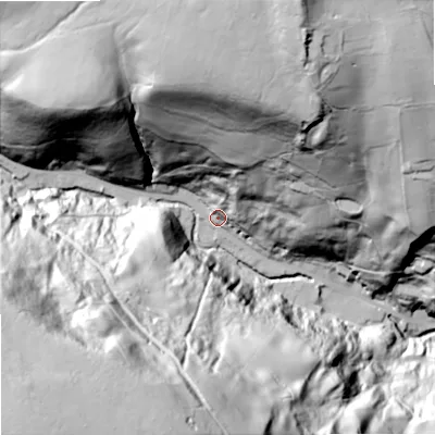 Shaded relief map of the ground around OL147HG, computed from Environment Agency LiDAR. The ground here sits at about 168 m above sea level and falls 156 m across the surrounding 800 m. Surface water reaching this point runs off ground lying to the north-north-east, 109.0 m higher.