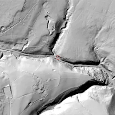 Shaded relief map of the ground around OL147HJ, computed from Environment Agency LiDAR. The ground here sits at about 210 m above sea level and falls 115 m across the surrounding 800 m. Surface water reaching this point runs off ground lying to the north-north-west, 88.0 m higher.
