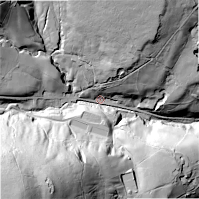 Shaded relief map of the ground around OL147HL, computed from Environment Agency LiDAR. The ground here sits at about 226 m above sea level and falls 137 m across the surrounding 800 m. Surface water reaching this point runs off ground lying to the north-north-east, 76.5 m higher.