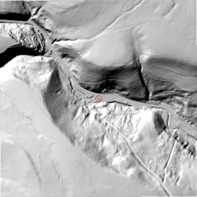 Shaded relief map of the ground around OL147HQ, computed from Environment Agency LiDAR. The ground here sits at about 174 m above sea level and falls 141 m across the surrounding 800 m. Surface water reaching this point runs off ground lying to the south-south-west, 120.3 m higher.