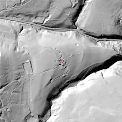 Shaded relief map of the ground around OL147HU, computed from Environment Agency LiDAR. The ground here sits at about 261 m above sea level and falls 119 m across the surrounding 800 m. Surface water reaching this point runs off ground lying to the north-west, 9.1 m higher.