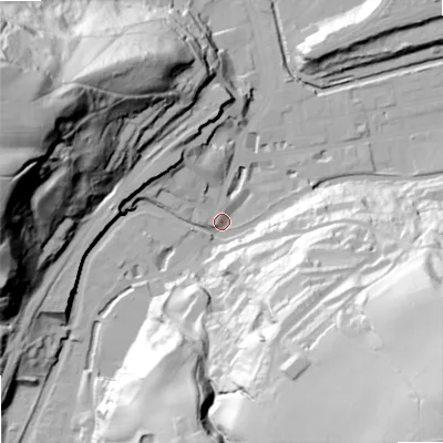 Shaded relief map of the ground around OL147LA, computed from Environment Agency LiDAR. The ground here sits at about 129 m above sea level and falls 98 m across the surrounding 800 m. Surface water reaching this point runs off ground lying to the south-east, 92.5 m higher.